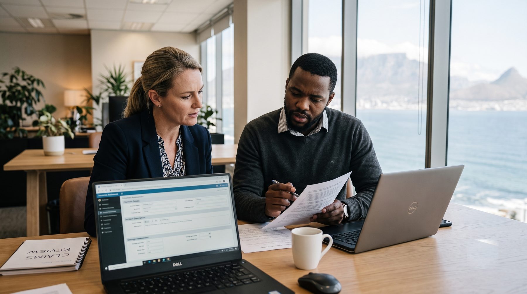 Two South African insurance professionals reviewing a claim together in a Cape Town office overlooking the Atlantic coastline