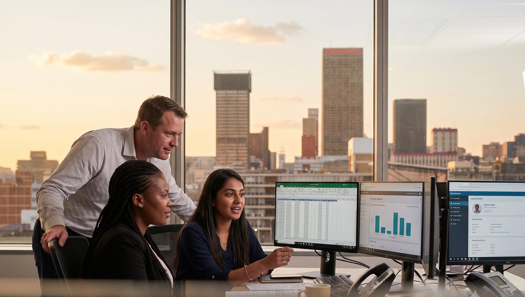 A South African financial-crime team reviewing transaction-monitoring dashboards in a Johannesburg bank office at dusk