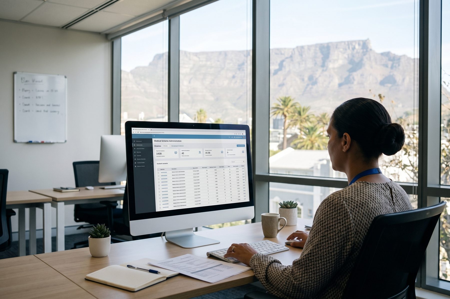 A South African medical-scheme administrator reviewing a claims dashboard in a Cape Town office with Table Mountain through the window